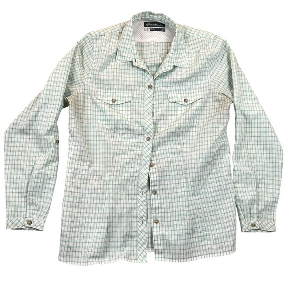 Eddie Bauer Women's Travex Button Up Shirt Large Green Plaid Long Sleeve Outdoor - Picture 1 of 10